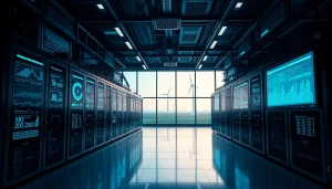 Visual representation of dogecoin cloud mining earnings in a high-tech facility emphasizing AI and renewable energy.