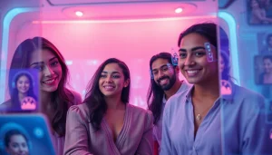 Engaging in sex chat AI interactions with holographic personalities in a futuristic digital space.