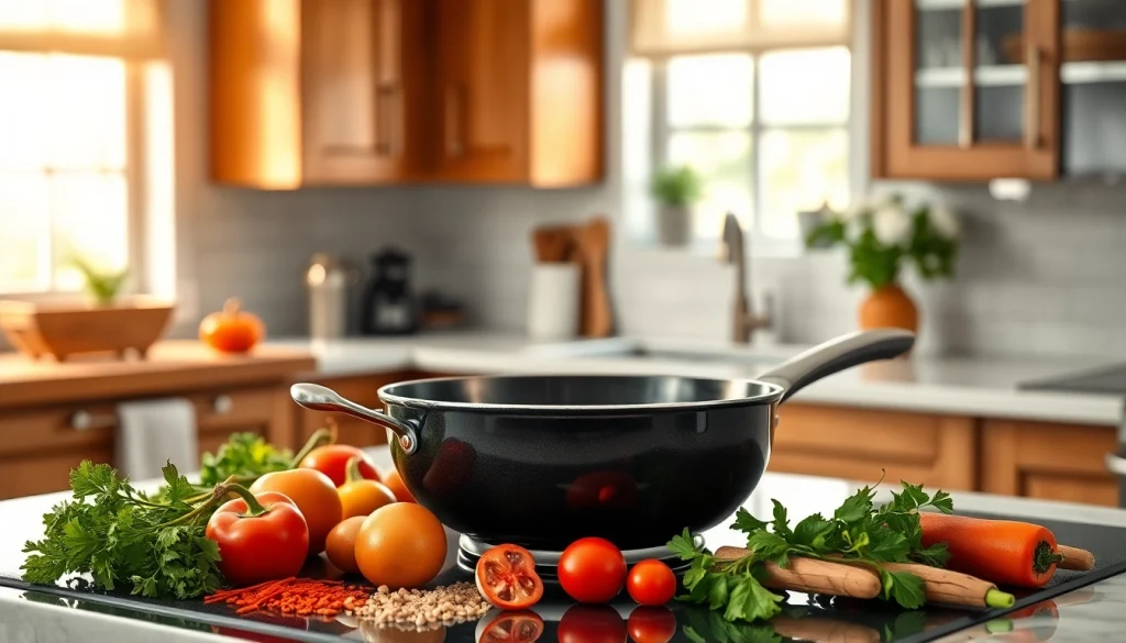 Cooking with the best nonstick pan NZ surrounded by fresh ingredients in a stylish kitchen.