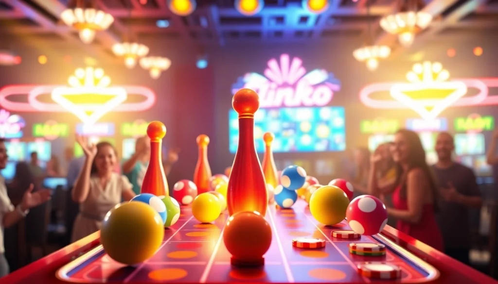 Slot plinko board penuh warna dengan bola jatuh dan pemain yang bersorak.