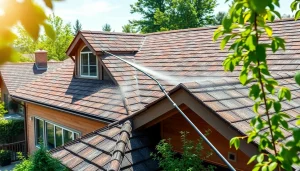 Roof cleaning service in action, showcasing eco-safe methods and a pristine home exterior after professional cleaning.