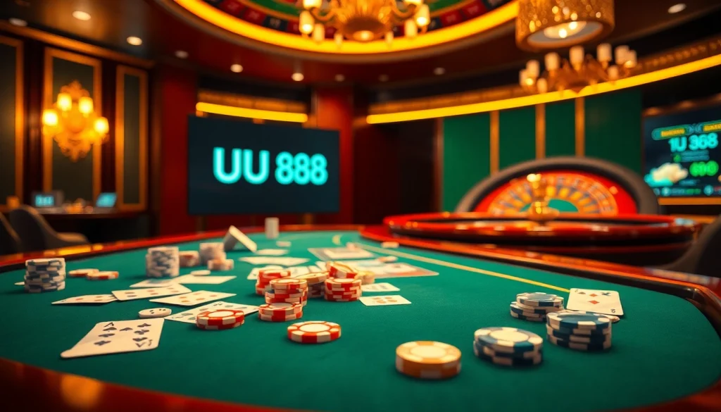 Players strategizing at the UU 88 poker table, chips and cards creating an immersive gambling experience.