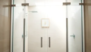 Elegant glass shower doors enhancing a modern bathroom design with sleek aesthetics.
