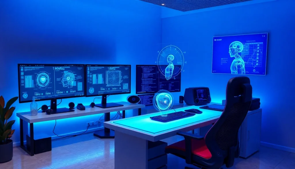 An immersive NSFW AI development workspace showcasing futuristic tech and AI interaction.