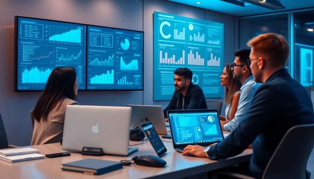 Cybersecurity professionals analyzing infosec trends in a modern tech office.