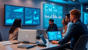 Cybersecurity professionals analyzing infosec trends in a modern tech office.