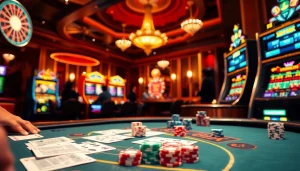 Para pemain menikmati permainan blackjack yang mendebarkan dengan taruhan Depo 5k di antara mesin slot yang berwarna-warni.