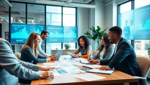 Visual representation of AI claims processing showcasing team collaboration and digital technology in a professional setting.