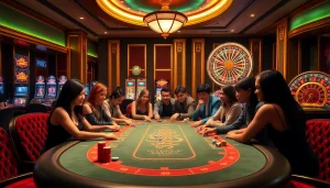 Exciting gaming atmosphere at BK8 เว็บตรง with poker players and vibrant slot machines.