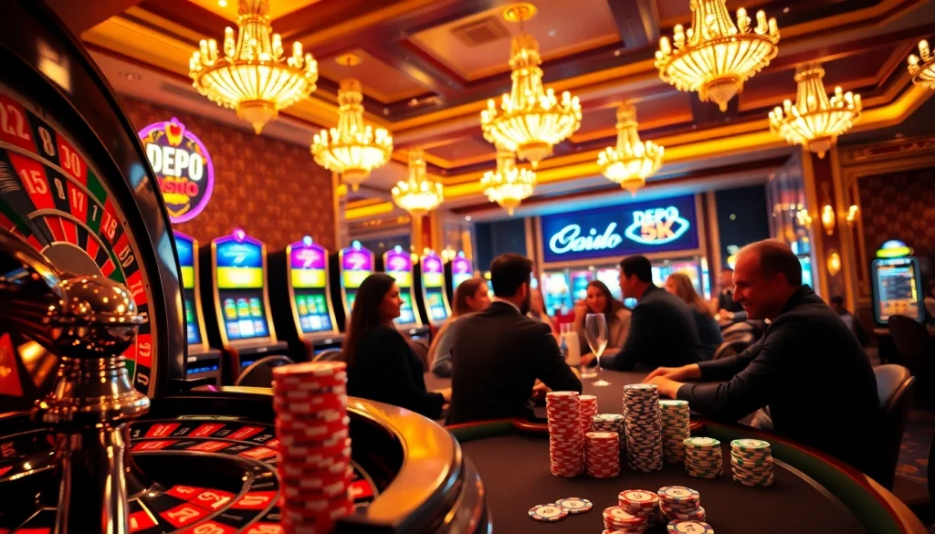 Excited players enjoying a poker game with depo 5k chips at a luxurious casino.