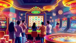 Experience the thrills of a mahjong slot demo with vibrant graphics and excited players at a modern casino.