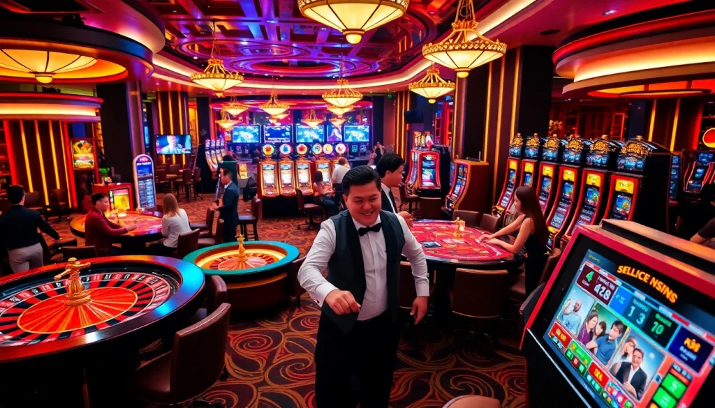 Excited gamblers enjoying diverse casino games at rr 88, showcasing luxury and thrill.
