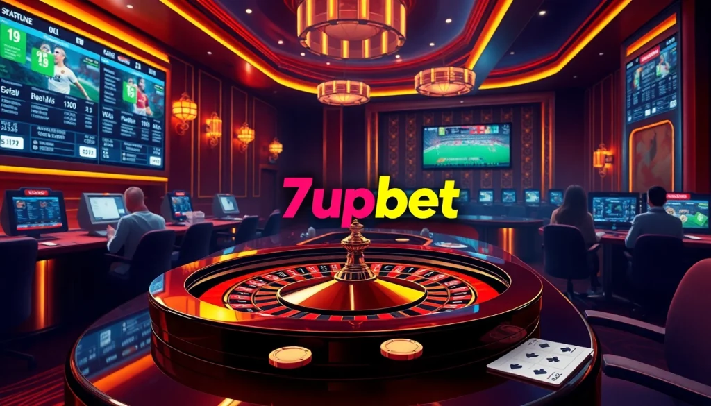 Thrilling online gambling scene with 7upbet logo at a luxurious casino table