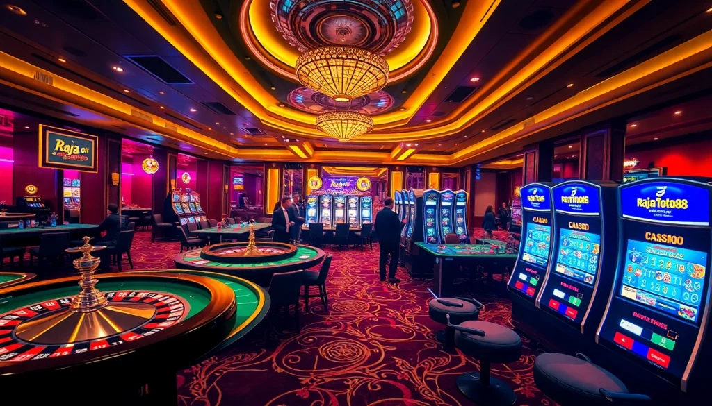 Experience the thrills of raja toto88 at a vibrant casino with glowing slot machines and enthusiastic players.