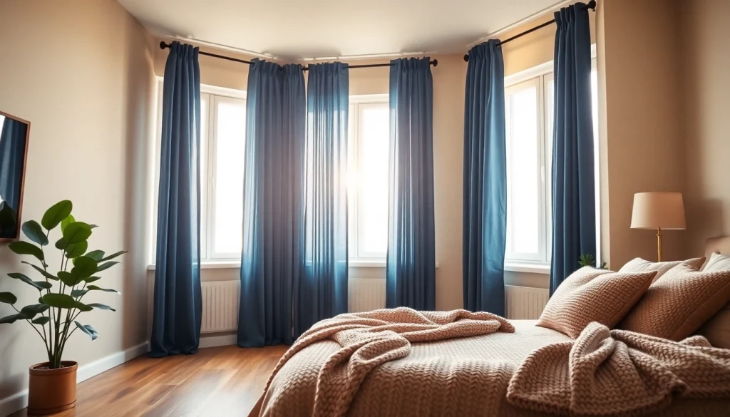 Verduisterende gordijnen in een gezellige slaapkamer met diepe blauwe tinten voor optimale lichtblokkade.