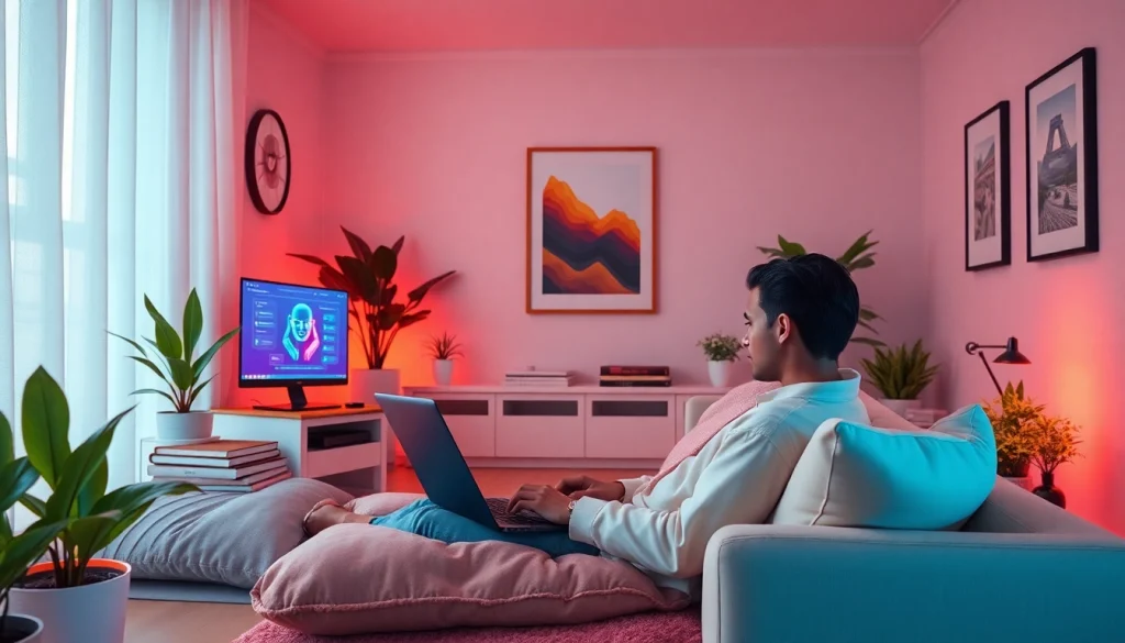 Engaging in nsfw ai chat in a cozy, tech-savvy room with ambient lighting.