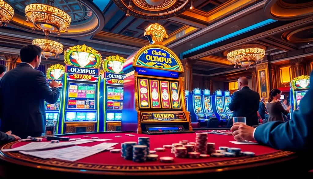 Engaging in thrilling gameplay on the Olympus slot machine in a luxurious casino environment.