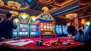 Engaging in thrilling gameplay on the Olympus slot machine in a luxurious casino environment.