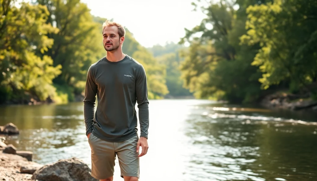 Model showcasing Fly fishing apparel in a natural riverside setting highlighting breathability and style.