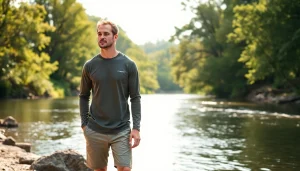 Model showcasing Fly fishing apparel in a natural riverside setting highlighting breathability and style.