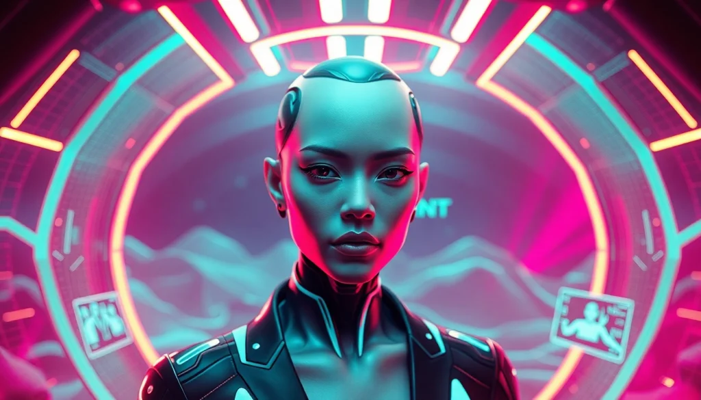 AI NSFW creative character in a vibrant digital landscape with neon lighting.