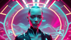 AI NSFW creative character in a vibrant digital landscape with neon lighting.