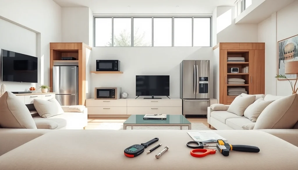 Showcasing home systems and appliance protection in a modern living room with sleek appliances.