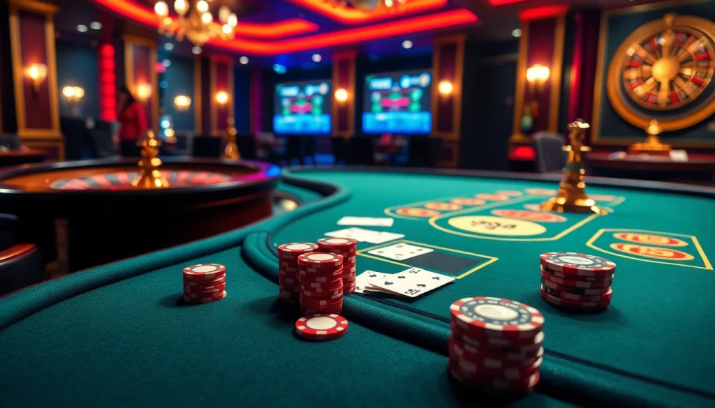 XSMB247 betting scene with poker chips and cards on a luxurious casino table.