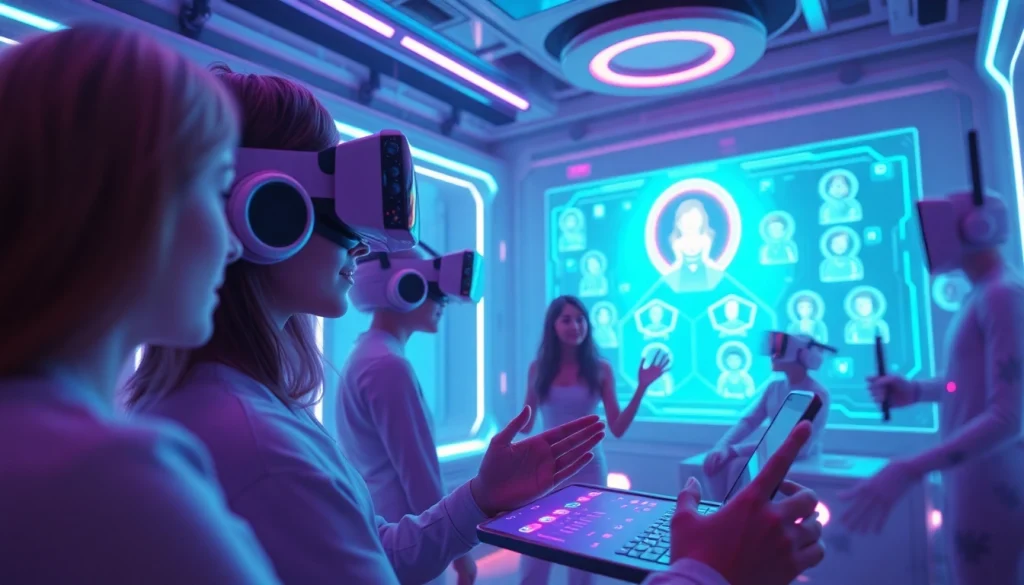 Engaging scene depicting users interacting with NSFW AI characters in a futuristic virtual reality space, highlighting innovative AI nsfw experiences.