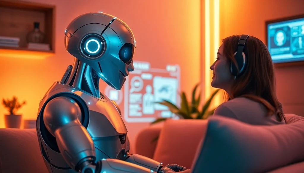 Engaging human-AI interaction in a cozy setting emphasizing ai sex and modern technology.