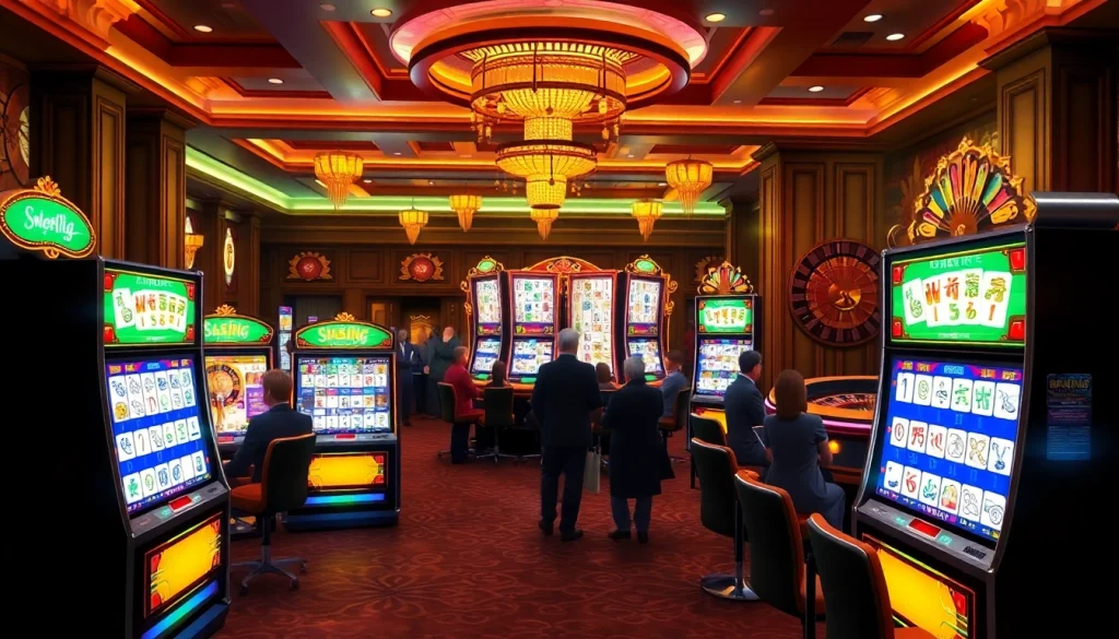 Terlibatlah dengan demo Mahjong slot saat pemain memutarkan gulungan warna-warni di kasino yang ramai.