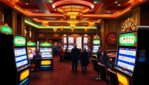 Terlibatlah dengan demo Mahjong slot saat pemain memutarkan gulungan warna-warni di kasino yang ramai.