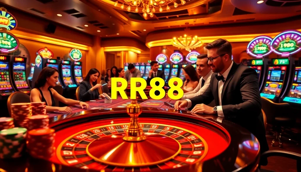 Engaged players enjoying a thrilling RR88 casino experience at a vibrant roulette table.