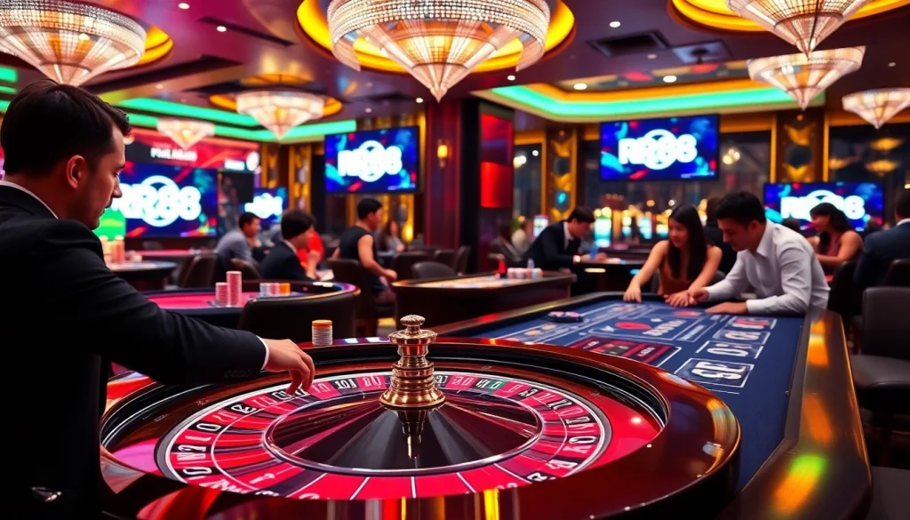 Players enjoying high-stakes games at nhà cái RR88 casino with vibrant atmosphere.