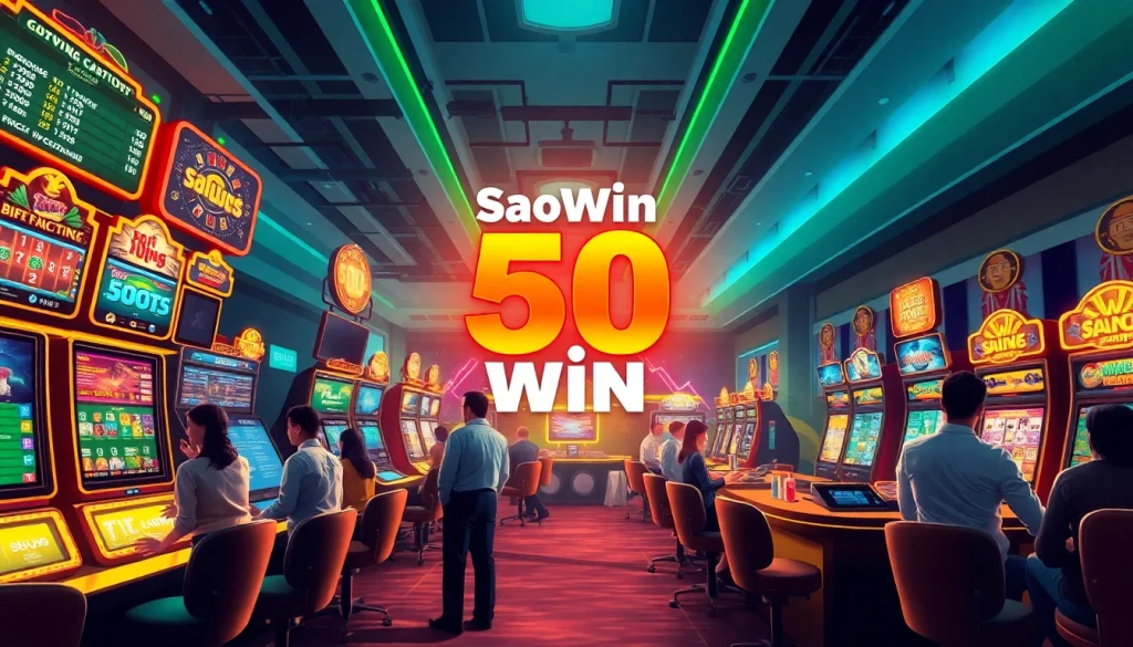 Saowin 50 win, thể hiện bầu không khí casino trực tuyến sống động với người chơi đang tham gia.
