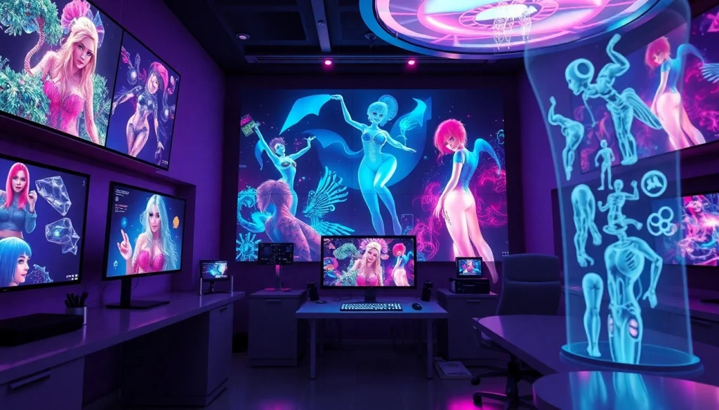 Futuristic NSFW AI image laboratory showcasing innovative technology and vibrant digital art.