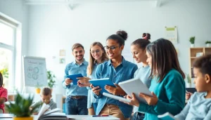 Education reform in a modern classroom with engaged learners and digital tools.