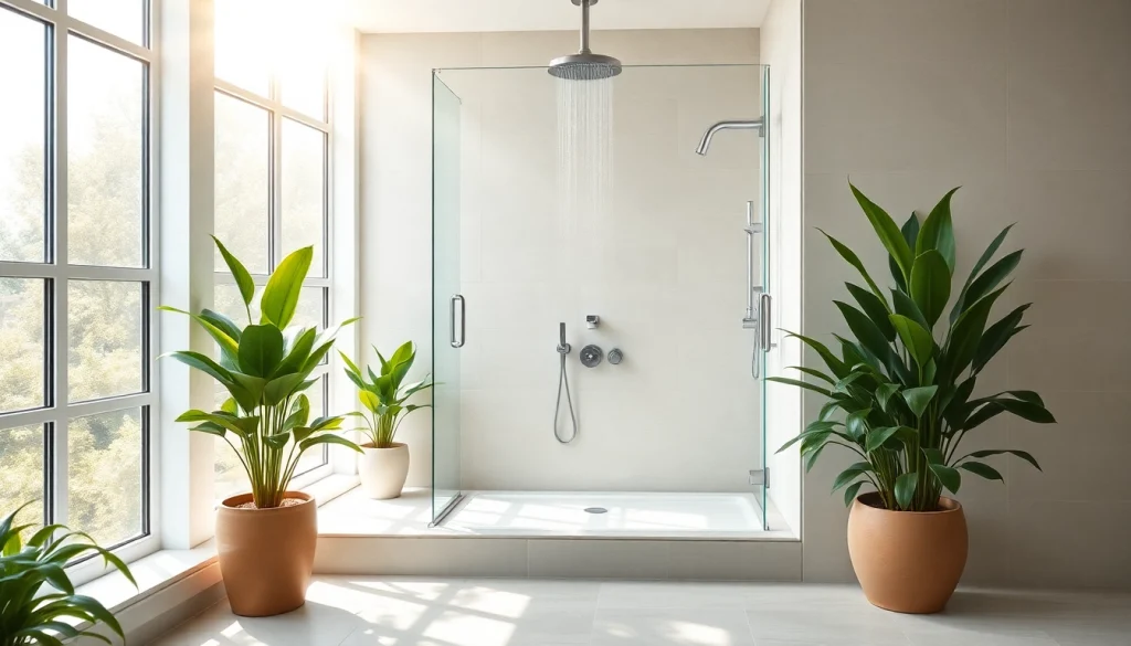 A modern, bright shower in a sunny bathroom featuring a rainfall showerhead, showcasing sunny shower USA design.