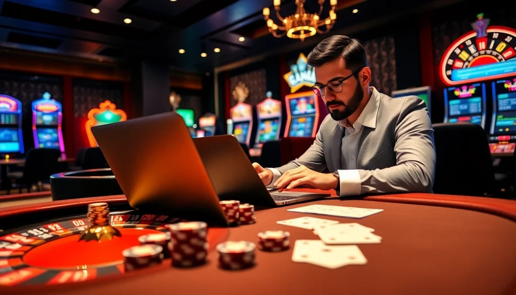 Excited player engaging in situs bola online betting in a luxurious casino setting.