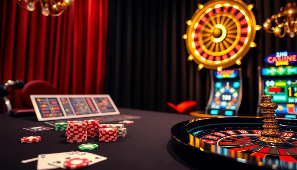 Scène de jeu en ligne captivante illustrant l'excitation du casino en ligne Français avec des jetons de poker et des interfaces numériques.