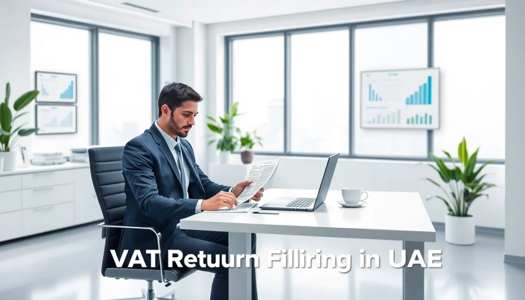VAT Return Filing in UAE - Professional office scene with a businessperson reviewing financial documents.