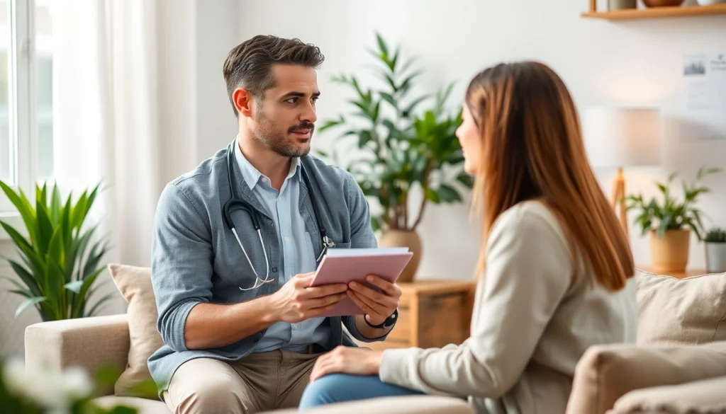 Understanding depression symptoms through a compassionate therapist-client interaction in a serene setting.