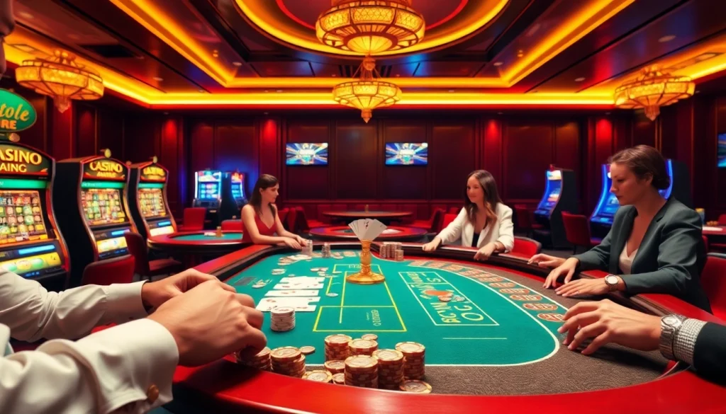 Une scène captivante de joueurs profitant d'une expérience de casino fiable en ligne, mettant en valeur des tables de casino vibrantes et des interfaces de jeu numérique.