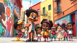 Celebration of African American cartoons showcasing characters like Huey and Riley in a vibrant urban setting, emphasizing diversity.