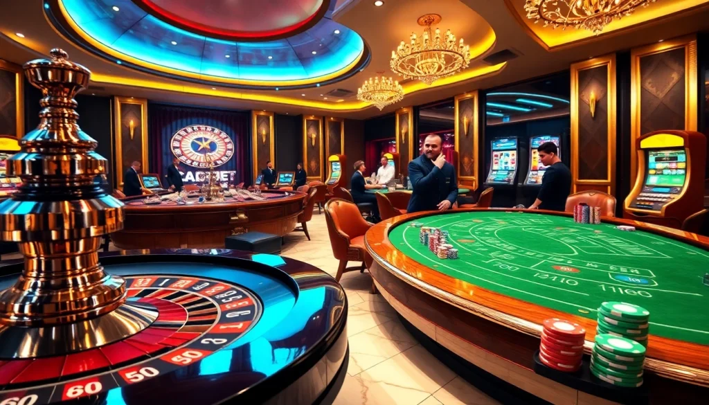 Scène captivante de joueurs dans un casino fiable en ligne, mettant en avant l'excitation autour d'une table de roulette.