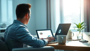 在明亮、现代化工作区的笔记本电脑上展示的快连VPN界面，象征安全性与易用性。