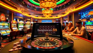 Situs bangsawan88 casino scene featuring vibrant slot machines and poker games.