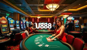 Players enjoying an exciting game at U888 casino, featuring vibrant slot machines and tables.