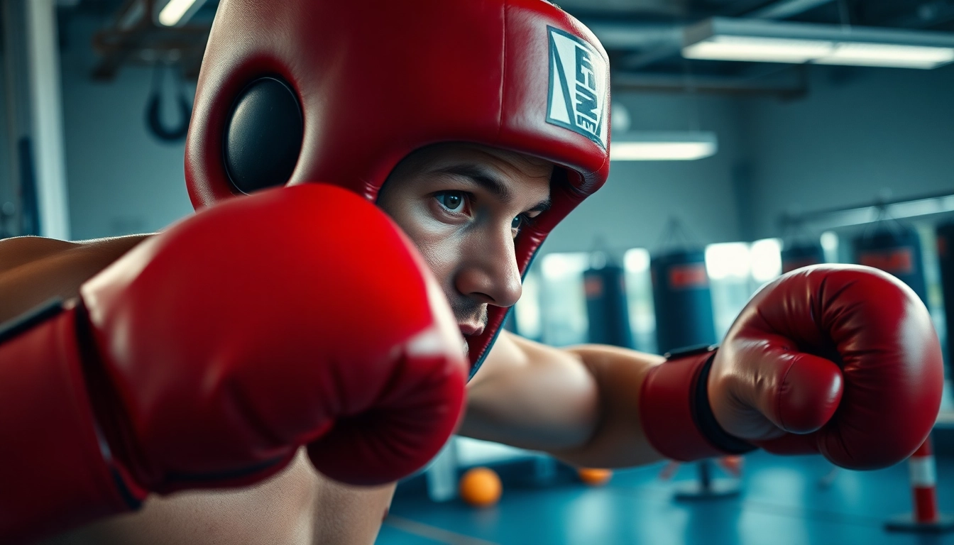 Boxer wearing headgear boxing during intense training in a gym setting.