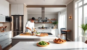 Kitchen remodeling showcasing a modern design with sleek finishes and bright lighting.